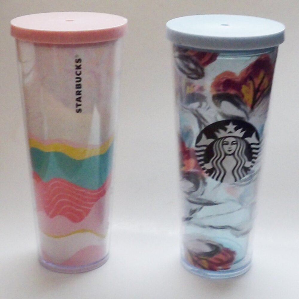 Starbucks Bundle of 2 Large Venti Tumblers 24 oz. No Straws 2019 Peony 2020 Wave - Picture 3 of 11